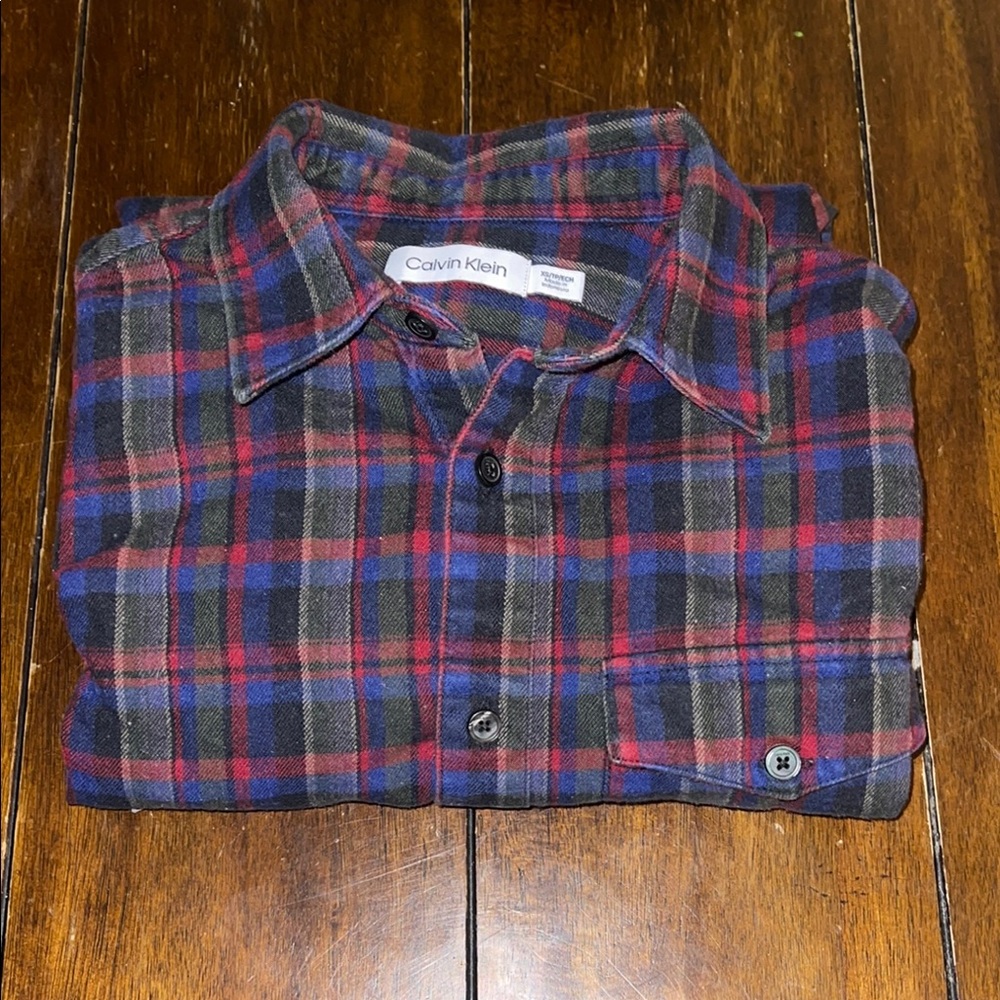 Calvin Klein Red and Blue flannel Casual Button Down Shirt